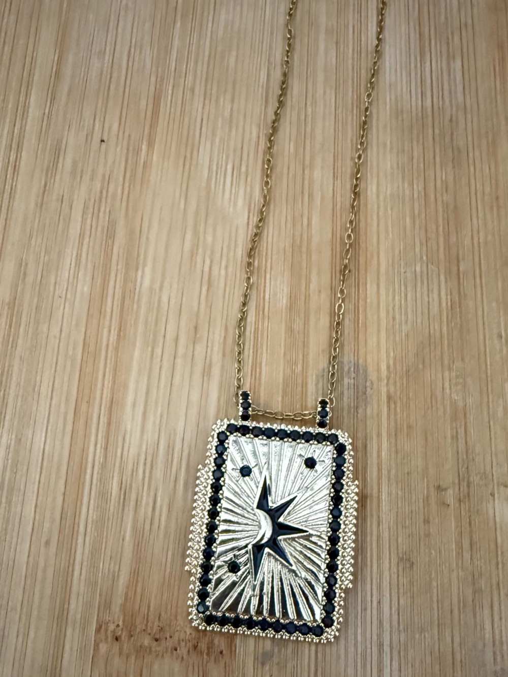 Mayamar Gold Star Rectangle Pendant Necklace with Black Accent Stones Tarot card
